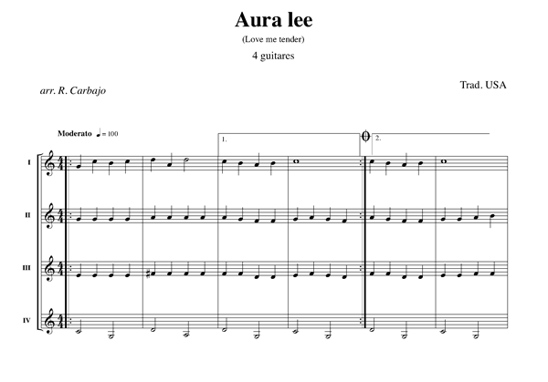 Aura Lee 4 guitars score