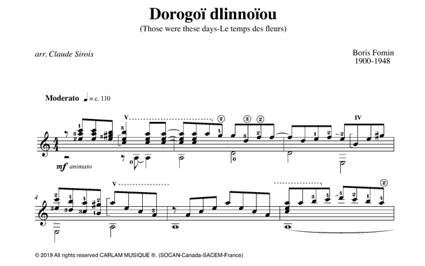 Dorogoi Dlinnoui adaptation solo guitar score