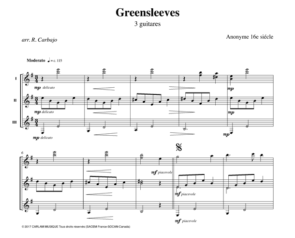Greensleeves adaptation 3 guitars score