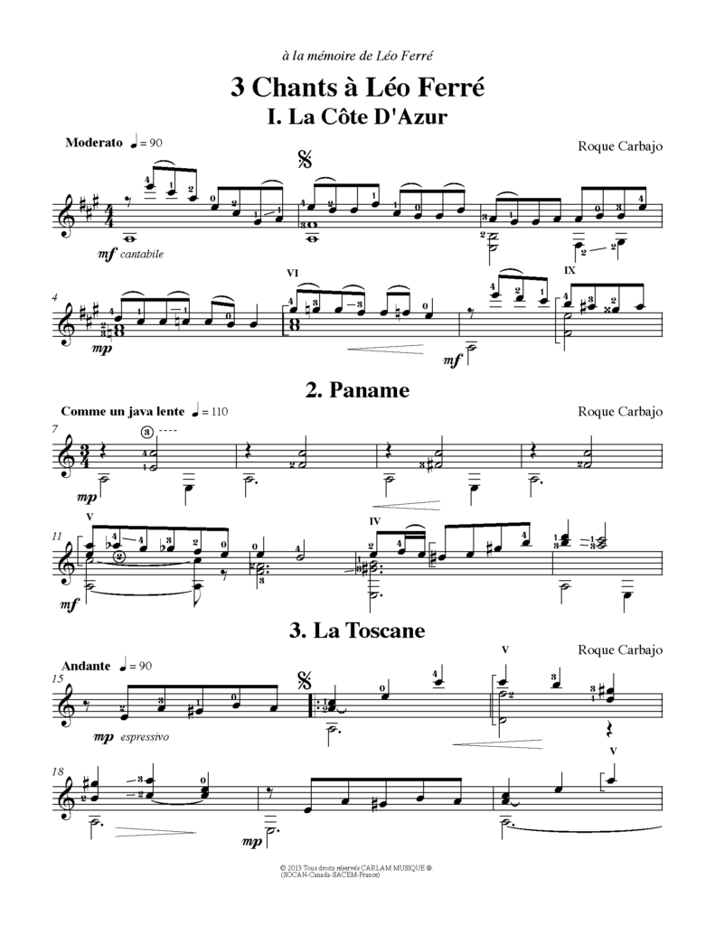 3 chants a Leo Ferre solo guitar score